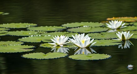 A serene lily pond with floating white lilies.jpg
