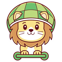Cartoon Lion with Green Hat, Cute Style and Playing with Skateboard on Isolated