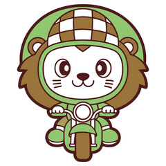 Cute Cartoon Lion Rides Green Motorcycle Wearing Helmet on Transparent Background