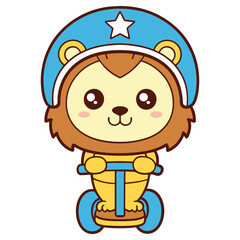 Cute Lion with Helmet on Scooter, Cartoon Character Design on White Background
