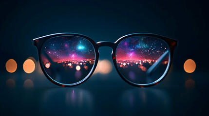 Spectacles Reflecting a Night Cityscape and Cosmos
