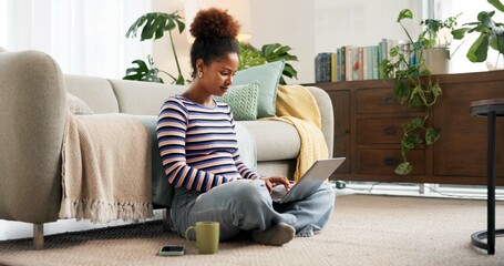 Fototapeta premium Studying, smile and woman with laptop, home and research for assignment in lounge, education and online. House, knowledge and planning for exam on website, university student and reading of info