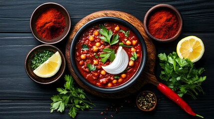 Spicy Red Chickpea Stew with Parsley and Lemon on Dark Wooden Table