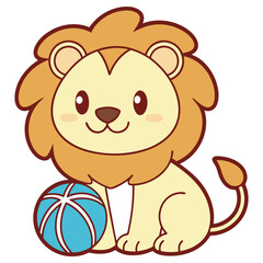Adorable Cartoon Lion with Amber Mane and Turquoise Ball on White Background