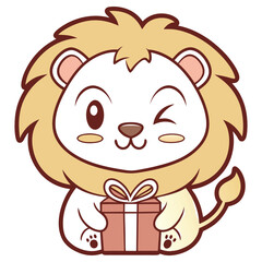 Winking Cartoon Lion with Gift Box in Paws on Transparent Background