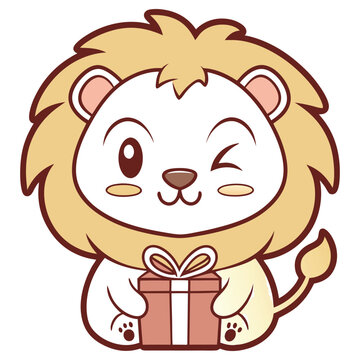 recommend clip art: Winking Cartoon Lion with Gift Box in Paws on Transparent Background