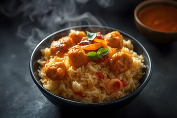 Delicious Spicy Chicken Biryani with Red Sauce in Black Bowl &ndash; Traditional Indian Cuisine
