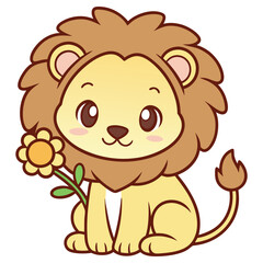 Cute Lion Cartoon Character Holding a Flower Isolated on White Background Design