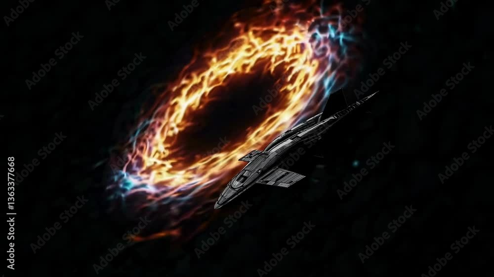 Poster a spaceship captured from a side angle near a glowing wormhole in deep space, evoking a sci-fi video