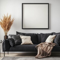 Modern living room with black sofa, pampas grass, and blank frame.