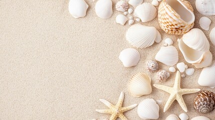 Seashells and Starfish on Sand Beach Composition