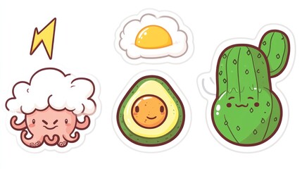 Cute cartoon food and nature stickers; breakfast, desert, fun background; ideal for kids' products