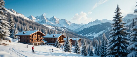 Winter Wonderland Ski Resort Landscape Wooden Chalets Skiers Snowy Mountains - Travel Marketing Winter Vacation Promotions