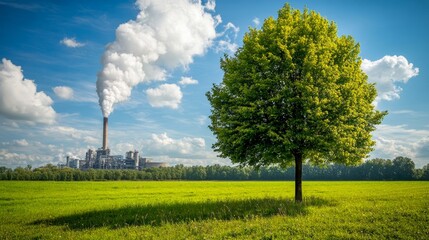Industrial plant releases smoke into the sky with green tree in foreground amidst a vibrant field under blue skies