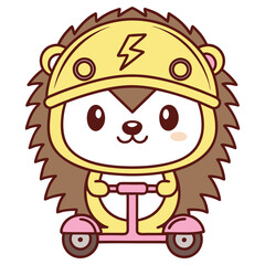 Cute Cartoon Hedgehog with Helmet Riding Scooter on White Background