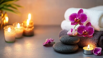 Serene Spa Still Life Candles, Orchid, Stones, Towels