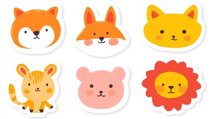 Cartoon animal heads fox, cat, lion, bear, hamster sticker sheet for children's projects