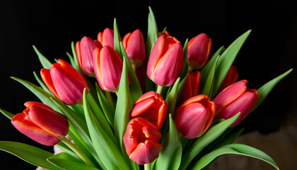 Naklejka premium Vibrant tulips showcasing beauty in a dark background 