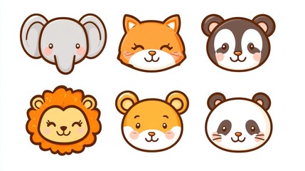 Cute animal faces; illustration, design element, children's book, cartoon, background