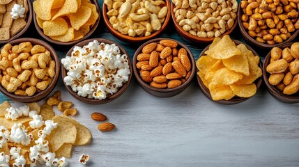 Snack Variety Nuts, Popcorn and Chips in Bowls on Wood