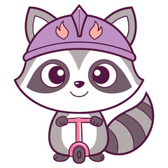 Cute Cartoon Raccoon with Helmet Riding Scooter on Transparent Background