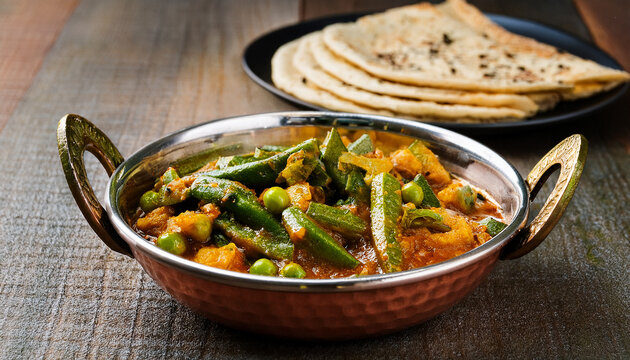 Spicy Indian curry with bhindi mixed vegetables and roti. Delicious food. Tasty dish. Cooking