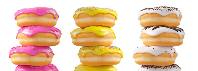 Assorted donuts with colorful icing, sprinkles, and chocolate isolated on white transparent background. 3d rendering and illustration of dessert variety