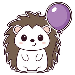 Adorable Cartoon Hedgehog Holding Purple Balloon on a Transparent Background