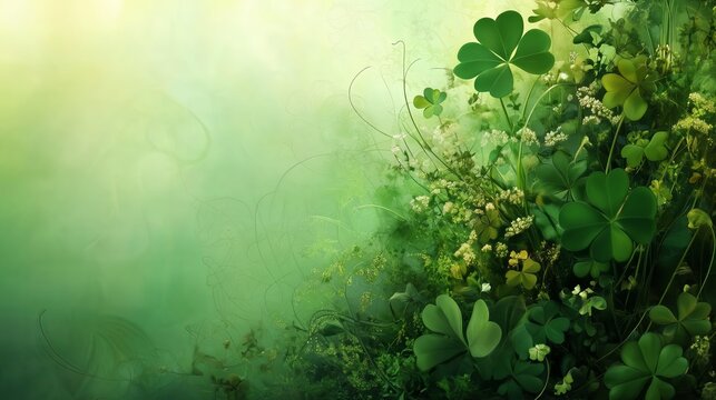 Traditional Irish ornament, national symbol, clover, shamrock with wild plants on a light green background. Abstract background for text and picture.
