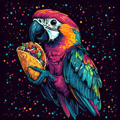 A vivid parrot grips a taco filled with fresh ingredients, set against a colorful cosmic backdrop, showcasing a playful connection between wildlife and cuisine
