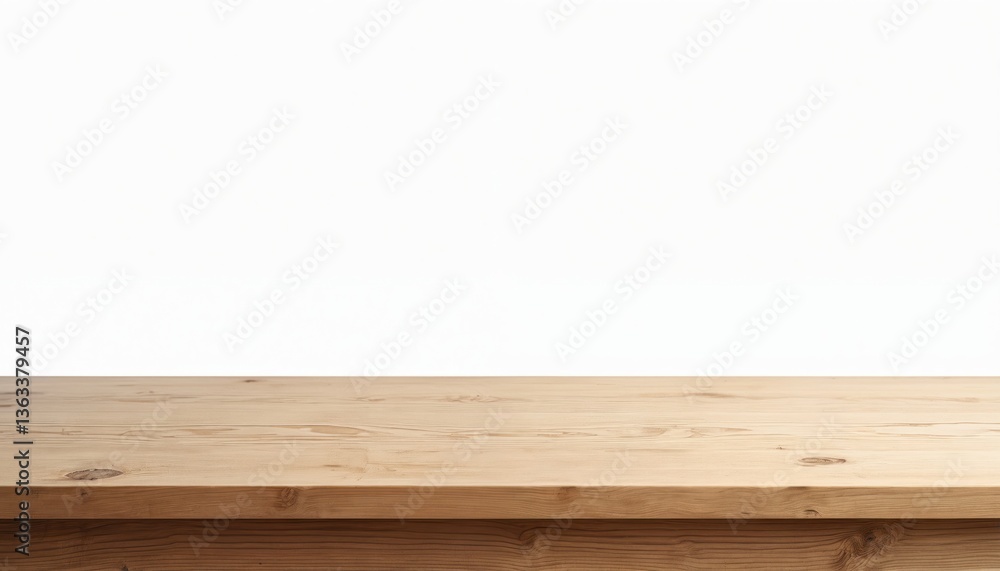 Poster Empty wood table isolated on white background. Tabletop, product display on wooden surface. Design background for product presentation. Copy space. Ideal for product placement.