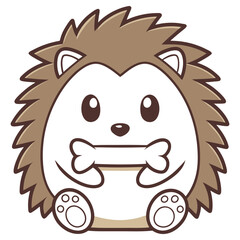 Cartoon Hedgehog with Bone, Big Eyes, Outline Style, Transparent Background