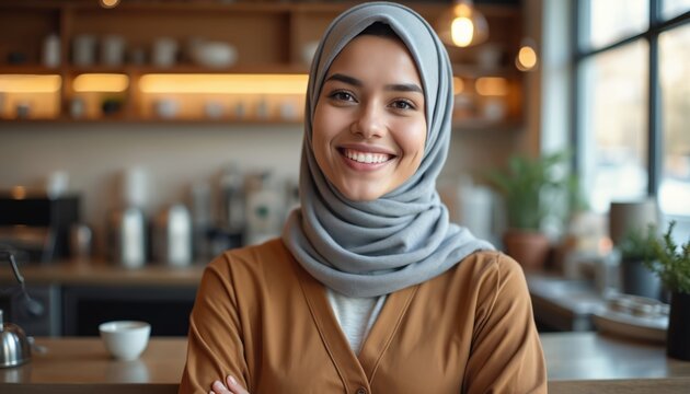 Young Muslim barista in hijab smiles warmly, welcoming cafe customers. Woman at counter, friendly service, inviting atmosphere, business owner in cafe. Modern eatery, pro staff, successful small