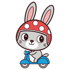Cartoon Rabbit on Blue Scooter with Red Helmet and White Spots Isolated