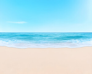 Tranquil beach scene with gentle waves lapping sandy shore under a clear blue sky