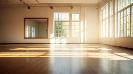 Obraz premium Sunlit Studio Mirror, Hardwood Floor and Large Windows