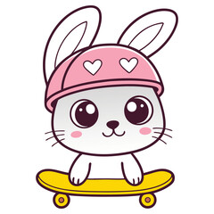 Cute Bunny With Pink Heart Helmet Riding Yellow Skateboard on Transparent Background