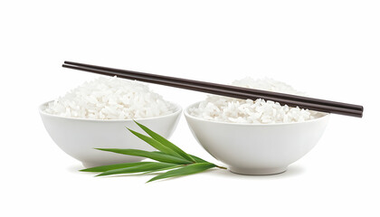 Two bowls of cooked white rice with chopsticks and bamboo leaves