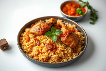 Delicious Spicy Chicken Biryani with Red Sauce in Black Bowl &ndash; Traditional Indian Cuisine