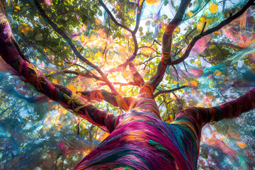 Tree with Branches and Leaves Made of Colorful Silk Threads in a Surreal Artistic Landscape"