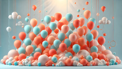 Here is the new vibrant scene featuring coral, orange, and turquoise balloons rising in the air, creating a festive and modern birthday atmosphere. Let me know if you'd like further adjustments