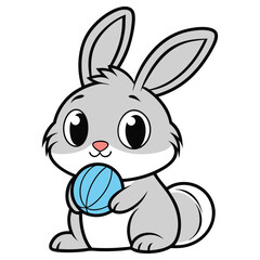 Cartoon Gray Rabbit Holding Light Blue Ball Mascot on Transparent Background