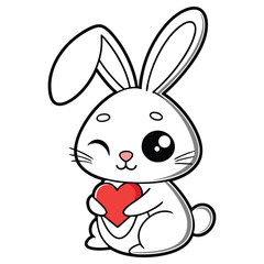Kawaii White Bunny Cartoon Winking and Holding a Red Heart Transparent Background