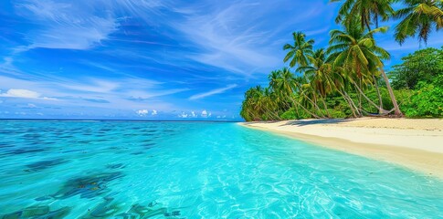 Fototapeta premium A picturesque tropical beach scene with a swing or hammock, soft white sand, and a peaceful sea, designed for a beach banner. This idyllic summer holiday concept is brought to life with boosted color