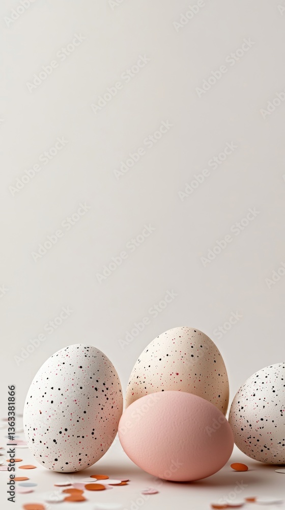 Poster decorative eggs in pastel colors arranged on a light background with confetti in a simple and elegan