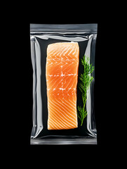 Vacuum-sealed salmon fillet with dill sprig