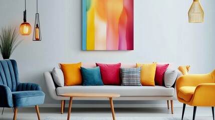 Vibrant Living Room Abstract Art, Colorful Pillows, Mid-Century Modern Design