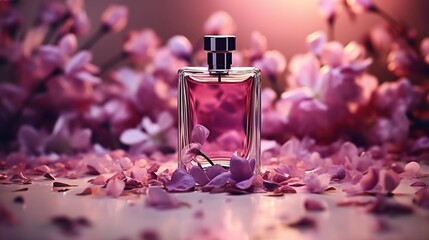 A photo of a bottle of perfume surrounded by flower