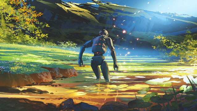 Fototapeta A lone robot wades through a glowing swamp, surrounded by lush greenery and mystical light, creating a sense of adventure and mystery, digital art style, illustration painting