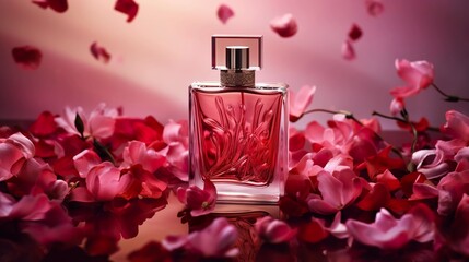 A photo of a bottle of perfume surrounded by flower